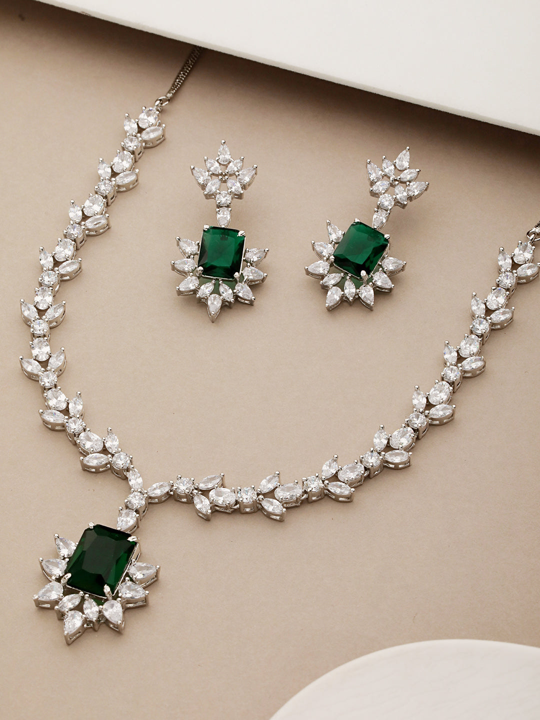 Silver Plated Green AD Studded  Floral Necklace